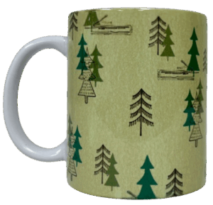 Evergreen Forest Mug – 11oz Ceramic Coffee Cup with Green Tree Wrap-Around Design – Perfect for Nature and Outdoor Lovers